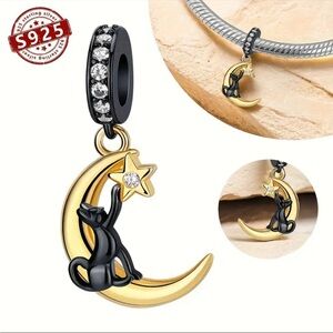 925 CAT ON MOON REACHING FOR STAR BRACELET CHARM FOR PANDORA & MOST OTHERS-NEW